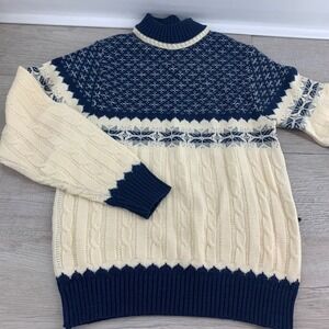 Vintage Jantzen Nordic Fair Isle Cable Knit Sweater Navy Cream Made USA Mens M